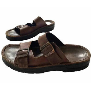 NAOT Mens Leather Sandals EU43 Slip On Slides Comfort Brown Buckle Straps